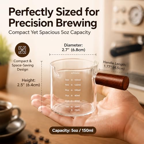2 Pack Borosilicate Glass Espresso Shot Glasses with Handle, 5oz Barista Measuring Cups
