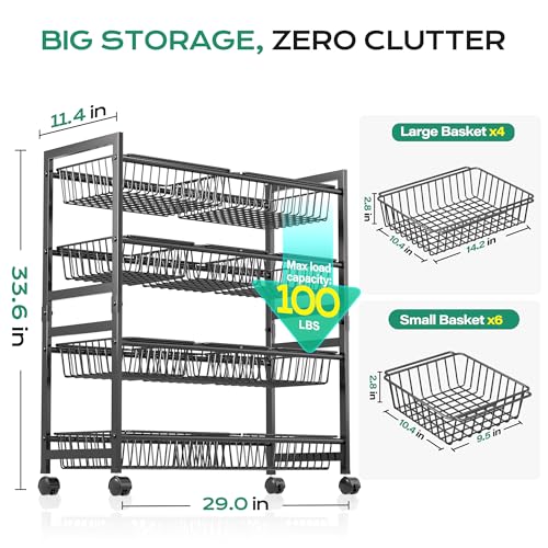 4-Tier Rolling Snack Cart with 10 Removable Baskets, Metal Pantry Organizer