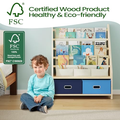 4-Tier Kids Bookshelf and Toy Organizer with Storage Bins, Solid Pine Wood
