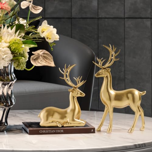 LIOOBO Golden Reindeer Figurines – Resin Elk Ornaments for Christmas Home Decor