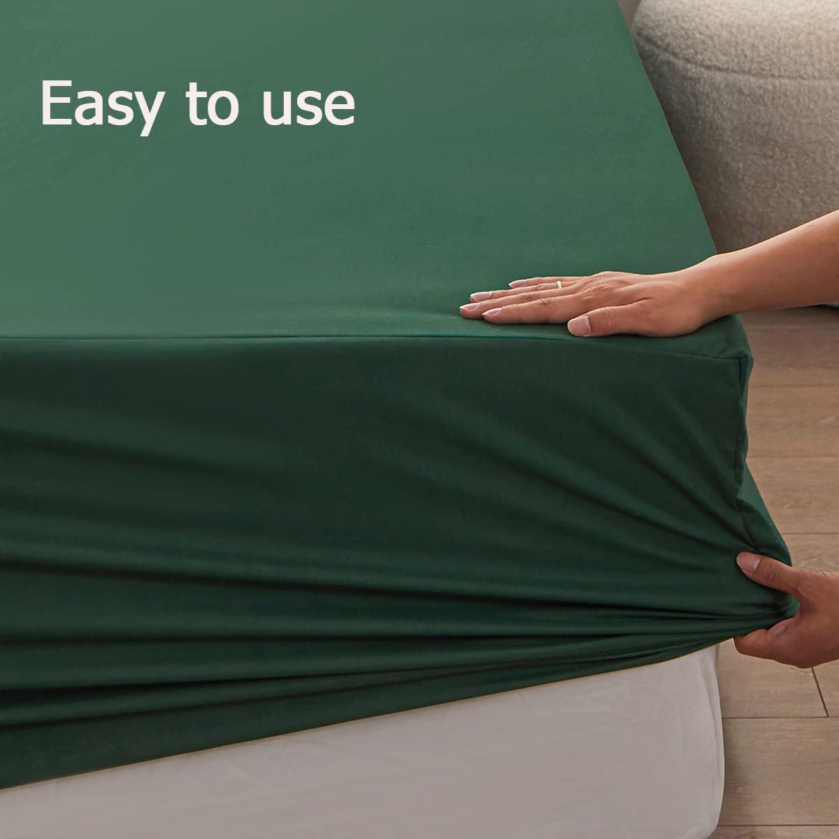 Skiennix Queen Size Fitted Sheet - Soft Microfiber, 15-Inch Deep Pocket, Dark Green | Fade Resistant & Easy Care