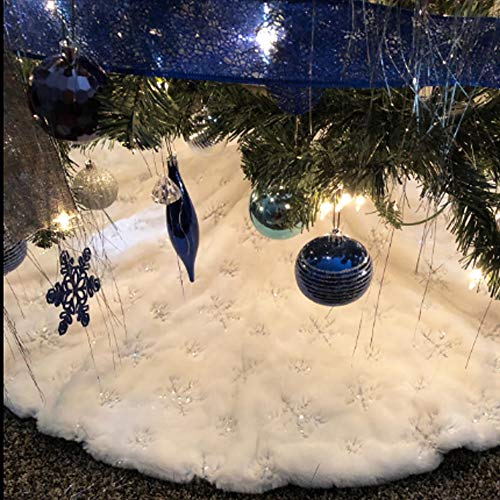 48-Inch White Faux Fur Christmas Tree Skirt with Silver Sequin Snowflakes
