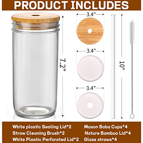 24 oz Glass Mason Jar Cups with Lids and Straws - 4 Pack Iced Coffee Set