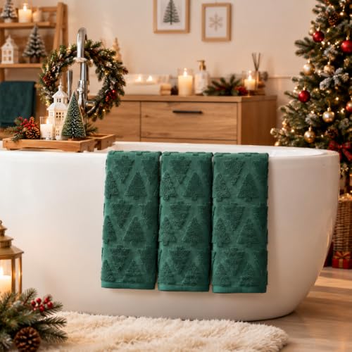 Hahafelt Christmas Tree Hand Towels Set - Dark Green, 3pcs, Cotton Bathroom Decor
