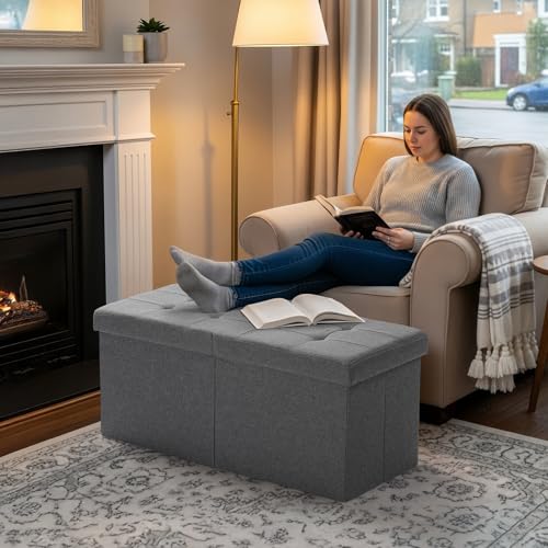30-Inch Collapsible Storage Ottoman Bench with Split Top Lid, Gray