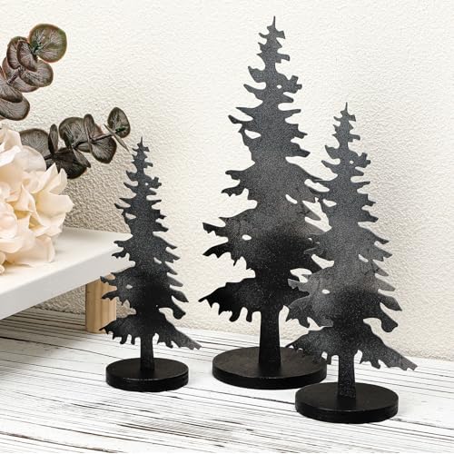 Black Metal Pine Tree Decor Set - Farmhouse Holiday Christmas Decorations