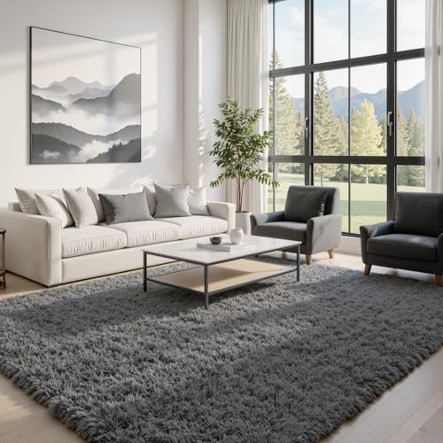8x10 Grey Shag Area Rug, Ultra Soft Plush Carpet with Memory Foam Backing