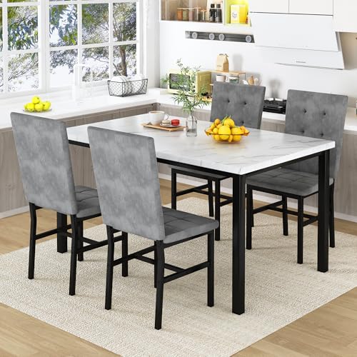 Faux Marble Dining Table Set for 4 with Velvet Upholstered Chairs