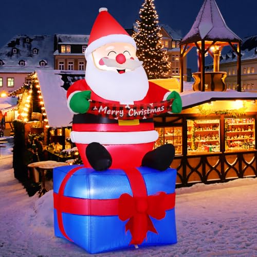 GOOSH 6 ft Christmas Santa Inflatable with LED Lights – Seated Santa on Gift Box with Banner