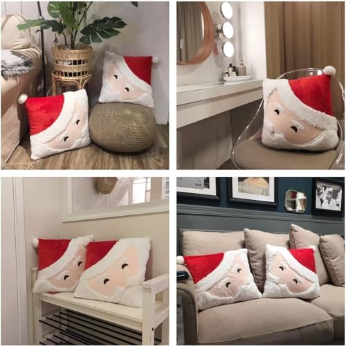 2Pcs Christmas Pillow Covers 18x18 Inch - Santa Claus Theme Square 3D Embroidered Velvet Pillowcases, Fun Winter Indoor Decoration for Bed and Sofa