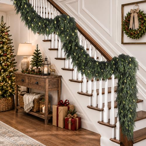 9FT Real Touch Cedar Christmas Garland with Seperate String Lights - Green Moon