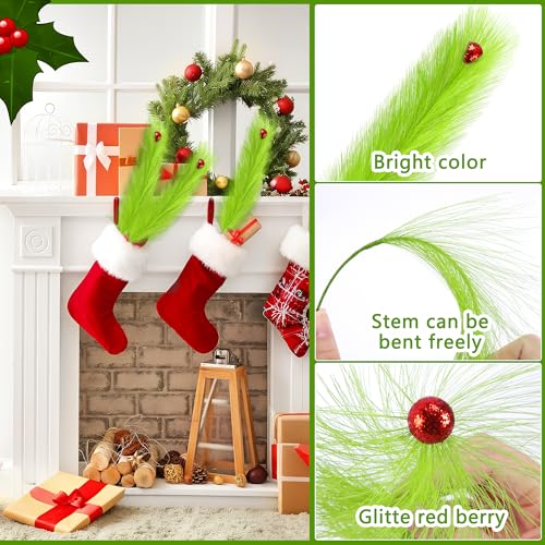 24pc Lime Green Furry Picks with Red Berry Decor - 19.6'' Xmas Tree Topper Stems