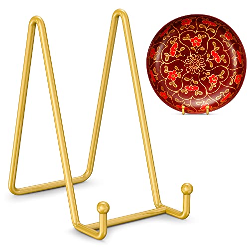 6-Inch Metal Plate Stand for Display - Gold Decorative Picture Easel (2 Pack)