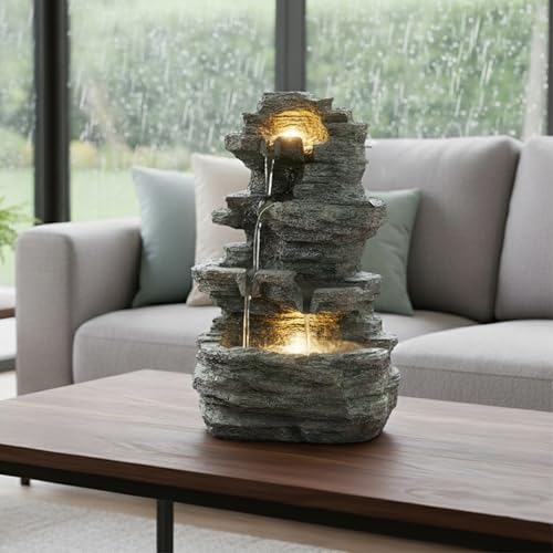 4-Tier Tabletop Rock Waterfall Fountain with LED Lights, Gray Polyresin