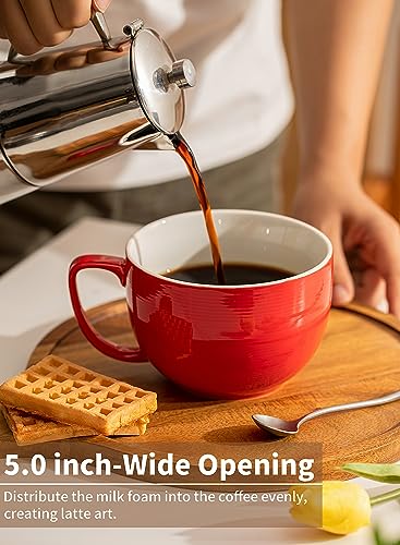 Teocera Red Mug Set of 4 - 24oz Jumbo Coffee Cups with Striped Design, Microwave Safe, Large Handle, Holiday Gift