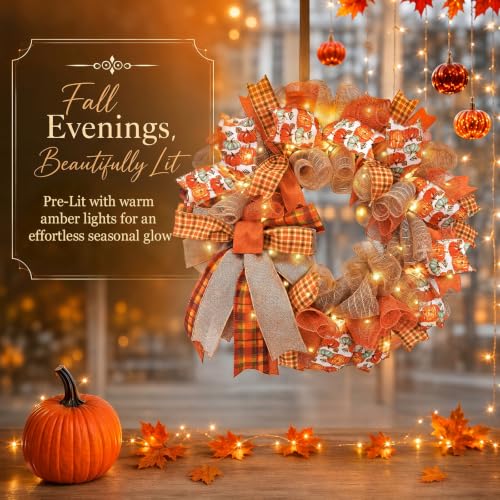 24-Inch Lighted Fall Pumpkin Wreath for Front Door with Storage Bag