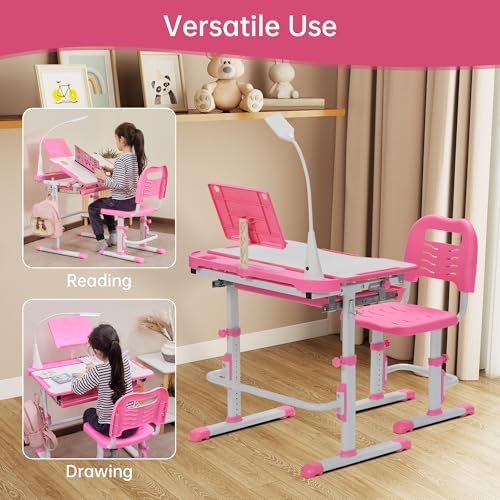 Kids Adjustable Study Desk and Chair Set with LED Lamp and Tilted Desktop