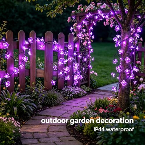 33ft Purple Flower String Lights with Black Wire, 100 LED, IP44 Outdoor Decor