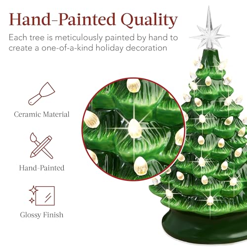 15in Ceramic Christmas Tree with Warm White Lights & Star Toppers - Green, Hand-Painted Holiday Decor