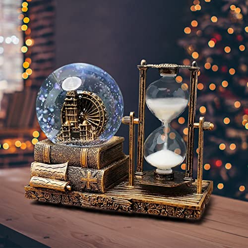 LED Crystal Snow Globe Hourglass with Brass Ferris Wheel Table Decor