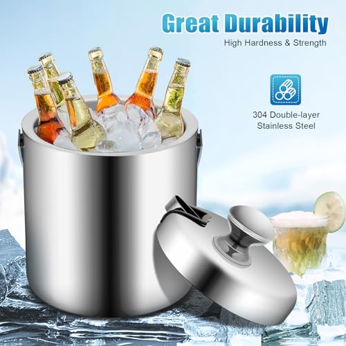 XEJMEOO 1.3L Double Wall Stainless Steel Ice Bucket with Lid & Tongs for Parties