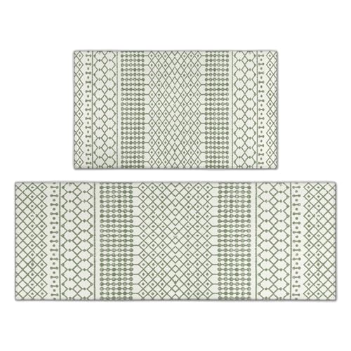 Boho Kitchen Rug Set of 2, Non-Slip Moroccan Pattern Washable Runner Mats