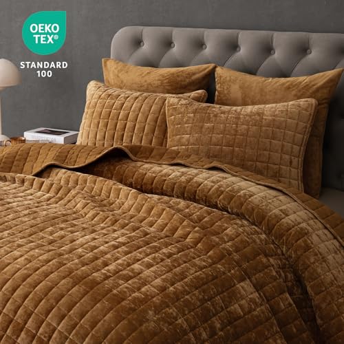 PHF Twin Size Rusty Burnt Orange Velvet Quilt Set - Luxury Square-Box Design