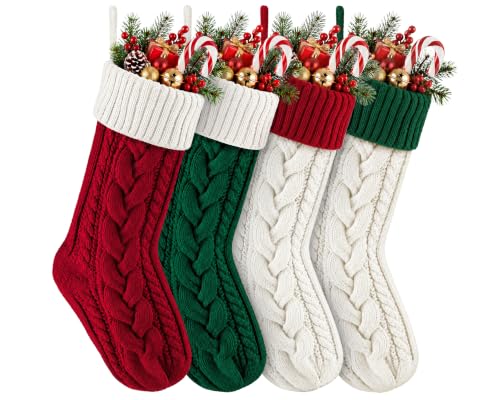 Edoneery 18 Inch Christmas Stockings, 4 Pack – Red/Green/White Ivory Cable Knit