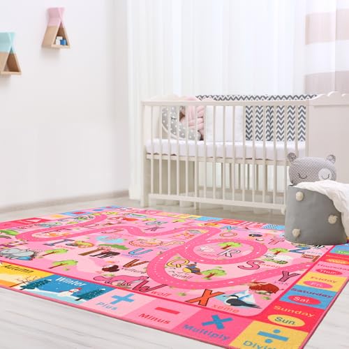 Educational Kids Play Rug 4x6 Pink ABC Learning Carpet for Classroom