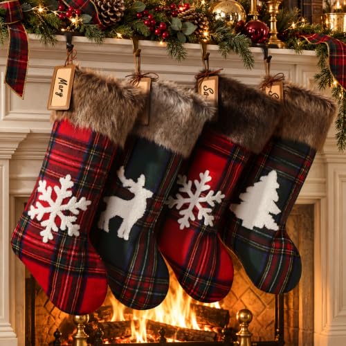 Heritage 18in Christmas Stockings Set of 4 with Faux Fur Cuff & Personalizable Leather Tags