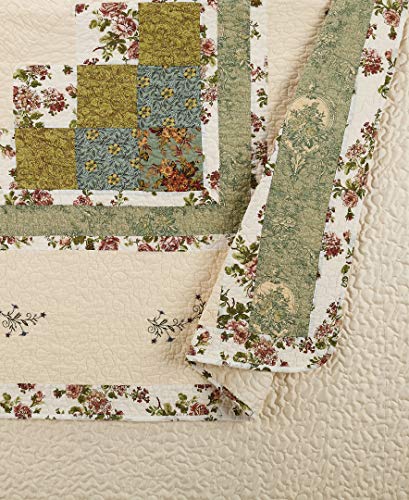 Olivia Quilted Bedspread - Lightweight Cotton King Bedding, Green/Cream
