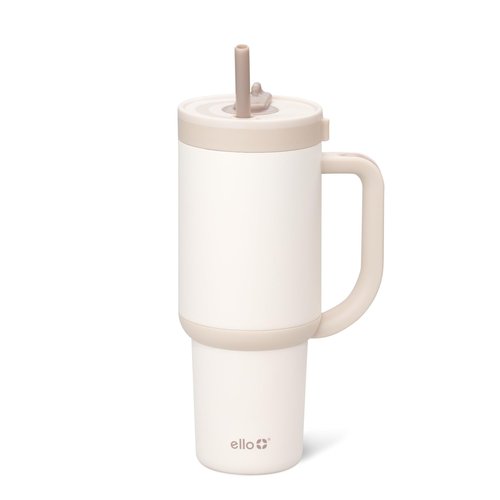 Ello Oasis 30 oz Tumbler with Handle & Retracting Straw | Reusable Insulated Stainless Steel Cup 100% Leakproof, Gifts for Teens Women Men | Keeps cold for 24 Hours, Cup Holder Friendly, Cream Tonal