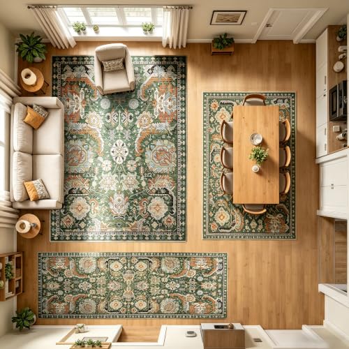 Washable Vintage Tribal Area Rug 5x7 - Non-Slip Low-Pile Green Rug