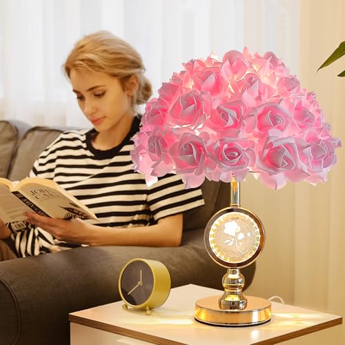 Pink Rose Flower Lamp with Crystal Ball - Modern Bedside Table Light for Girl Bedroom Decor