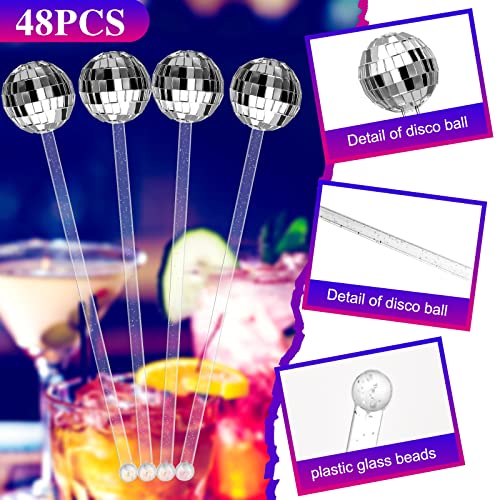 Sawysine Silver Disco Ball Drink Stirrer 48 pcs - Party Cocktail Picks, Shiny Decor