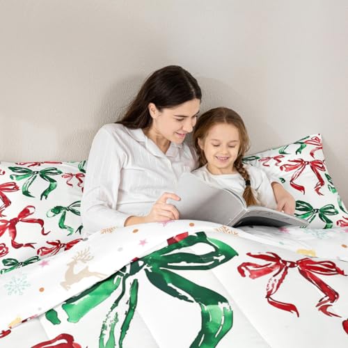 Erosebridal Watercolor Kids Bedding Set Full Size Bowknot Comforter with Pillowcases - Red Green