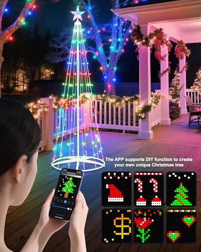 Minetom RGB App-Controlled 5FT/6FT Christmas Cone Tree Lights with Star Topper, Music Sync & DIY RGB Light Show