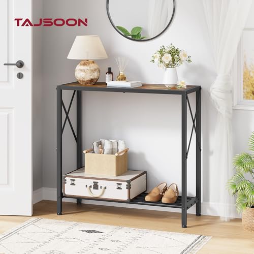 2-Tier Narrow Console Table, Rustic Brown Entryway Sofa Table with X-Frame