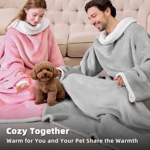 Oversized Sherpa Wearable Blanket with Sleeves, Grey Flannel Snuggle Robe