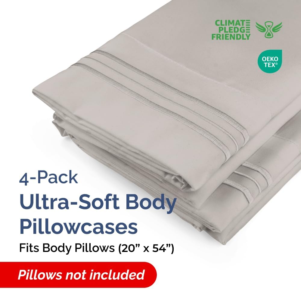 Skiennix Body Pillowcases Set of 4 | Soft, Breathable 20x54 Long Pillow Covers - Fade-Free & Machine Washable (Light Grey)