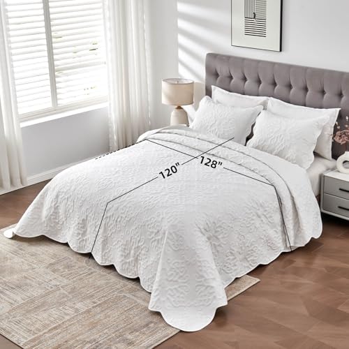Kingnex Oversized King Bedspread Set - 128x120 White Quilted Coverlet & Shams