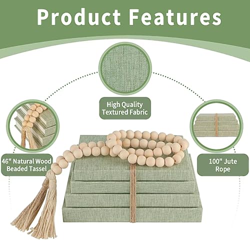 4-Piece Sage Linen Decorative Books Set with Wood Beaded Tassel
