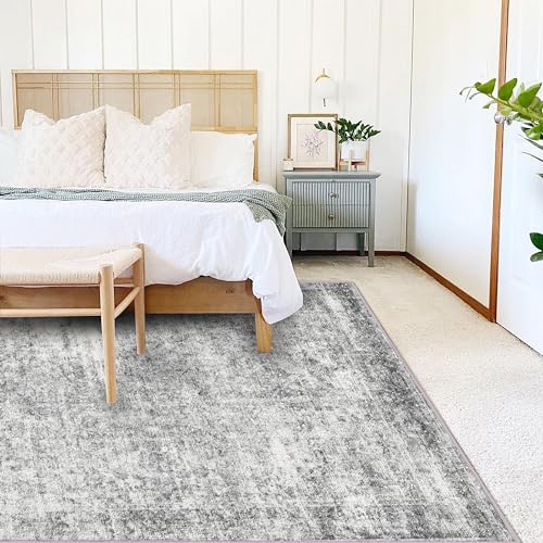 4x6 Washable Area Rug - Gray Vintage Floral Non-Slip Thin Floor Carpet