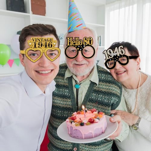 24Pcs 80th Birthday Paper Glasses - Black Gold Party Photo Booth Props