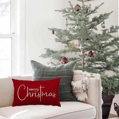 Allorry Christmas Pillow Cover 12x20 Inches Red Cotton Linen Holiday Decor Pack of 1