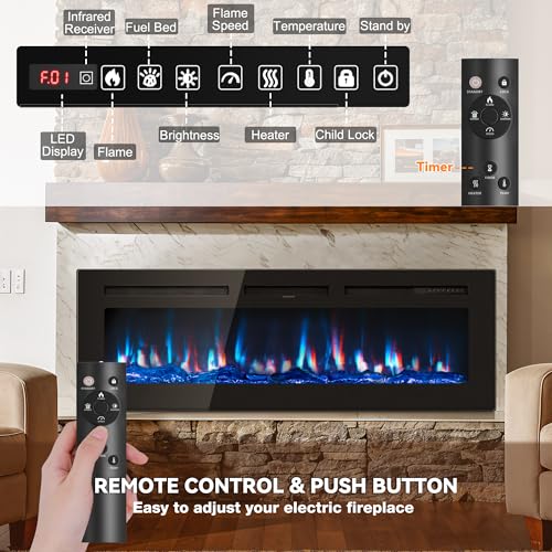 50-Inch Electric Fireplace Wall Mounted Recessed Heater with Multi-Color Flames