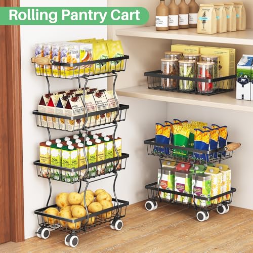 4-Tier Stackable Fruit Basket Stand, Rolling Wire Storage Cart for Kitchen