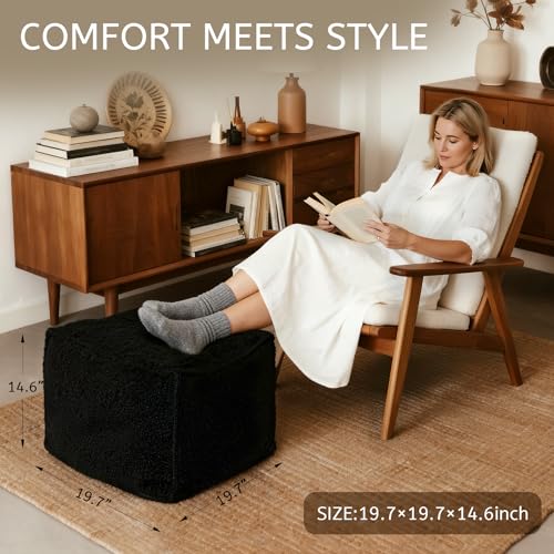 Square Boucle Pouf Ottoman, Soft Foam-Filled Footrest for Living Room