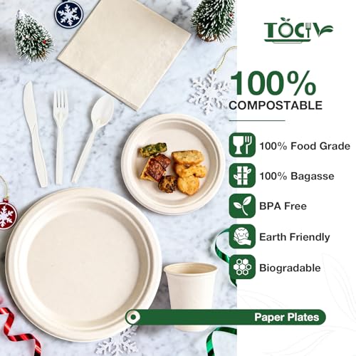 350 Pcs Nature Eco-Friendly Disposable Dinnerware Set for 50: 10in & 7in Plates, 8oz Cups, 6.6in Napkins + Utensils
