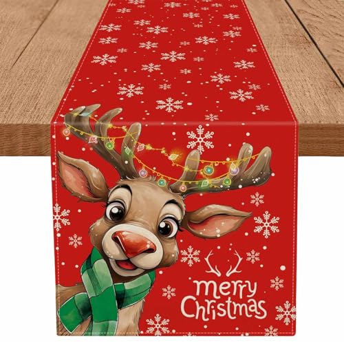 Red 13x90 Inch Merry Christmas Table Runner with Reindeer & Snowflake - QIONG MENG